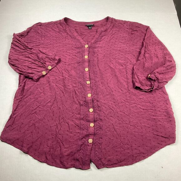 Torrid Blouse 2/2X Burgundy Textured Swiss Dot Button Front Boho Romantic Top - Picture 1 of 10